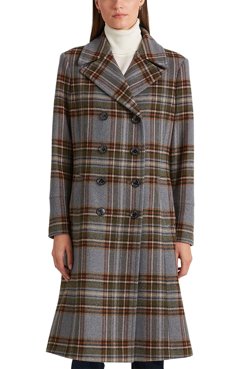 Lauren Ralph Lauren Plaid Double Breasted Wool Blend Long Coat, Alternate, color,