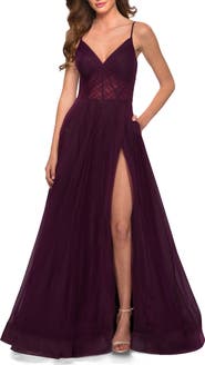 La Femme A Line Tulle Prom Dress with Sheer Bodice