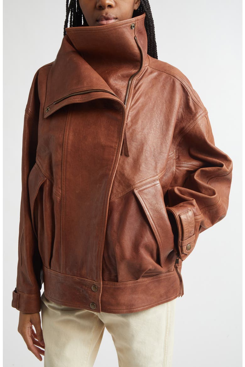 High Collar Leather Bomber Jacket, Alternate, color, 8EH BROWN