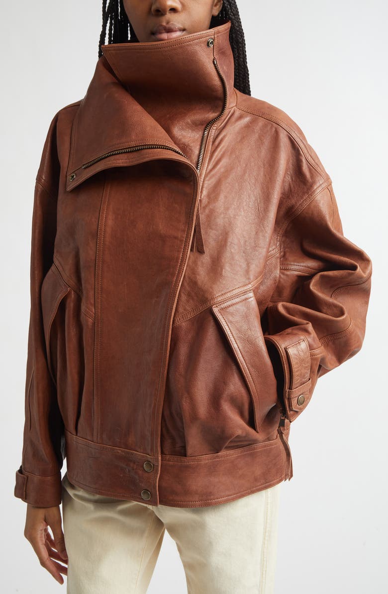 Balmain High Collar Leather Bomber Jacket, Alternate, color, 8Eh Brown