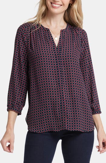 Nydj Three Quarter Sleeve Printed Pintucked Back Blouse