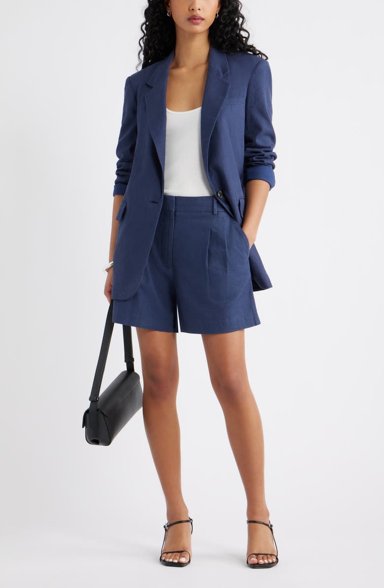 Open Edit Everyday Pleated Linen Blend Shorts, Alternate, color, Navy Indigo