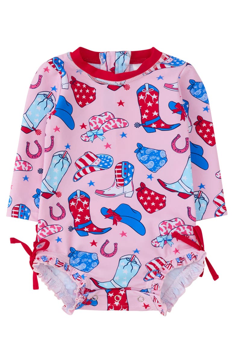 RuffleButts Baby Girls UPF50+ Sun Protected Americana Long Sleeve One Piece Rash Guard, Main, color, Pink Stars & Spurs
