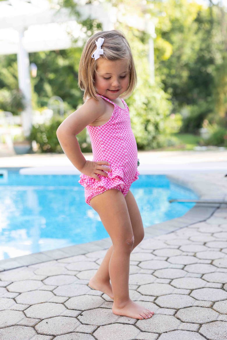 Gingham Swimsuit  with Ruffles and Flower, Alternate, color, Pink/White