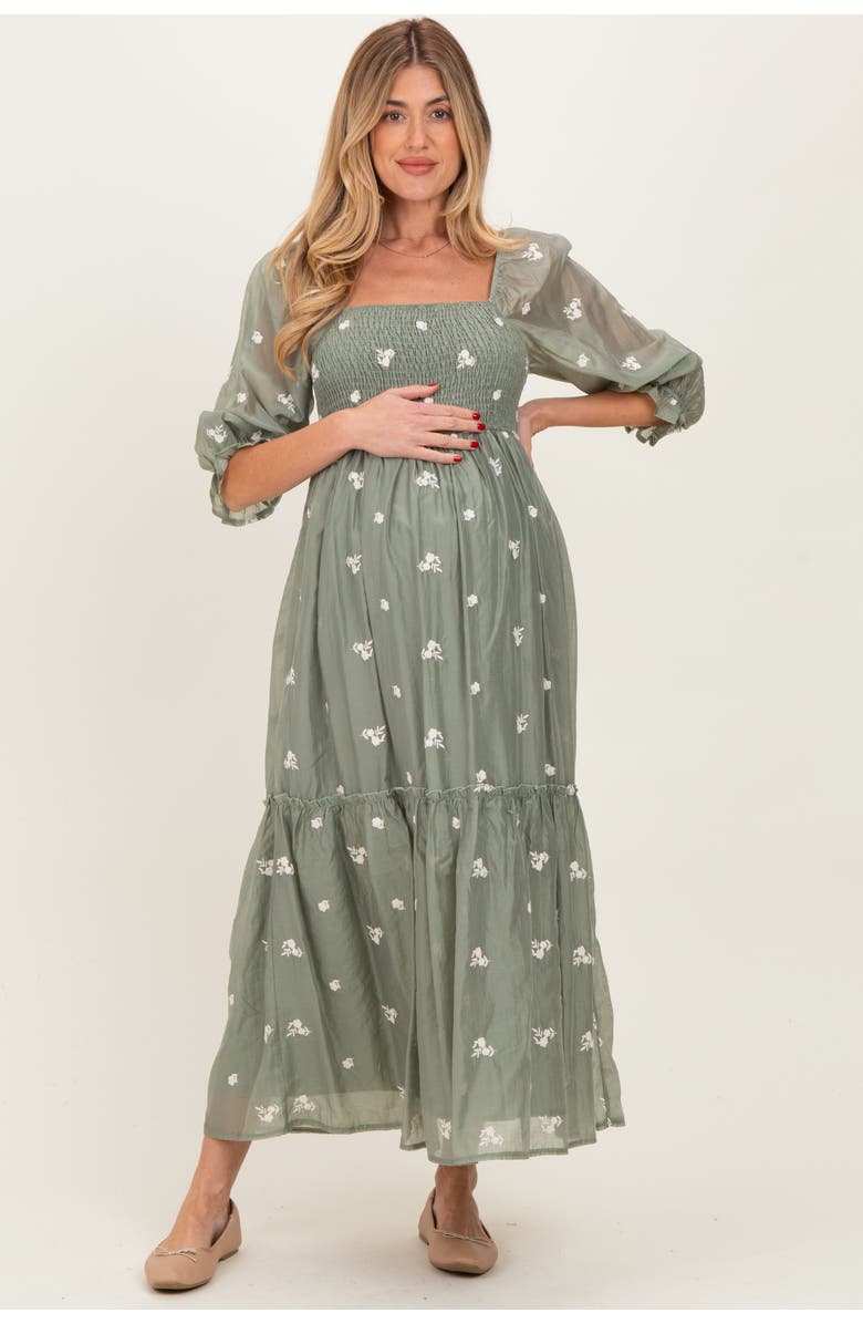 PinkBlush Floral Embroidered Smocked 3/4 Sleeve Midi Dress, Main, color,