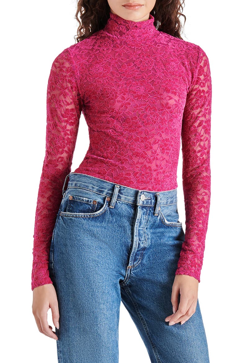 Cassi Lace Long Sleeve Bodysuit, Main, color, FUSCHIA