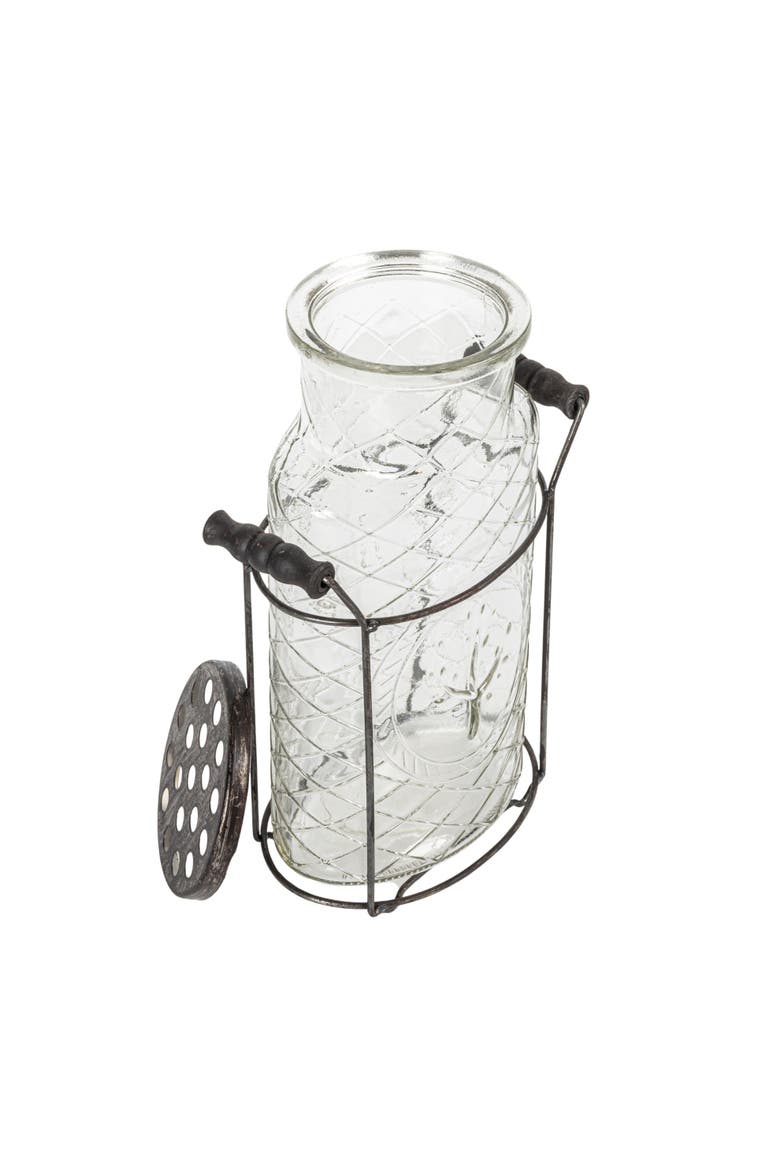 Glass vase in Metal Stand with Metal Frog Lid, Alternate, color, Clear
