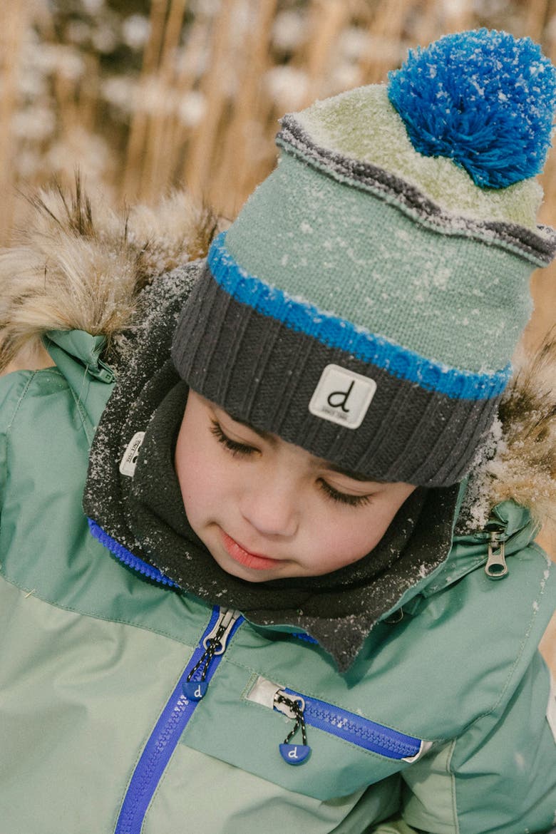 Winter Textured Stripe Fleece Lined Knit Hat with Pompom, Alternate, color, Blue and Grey Knitwear