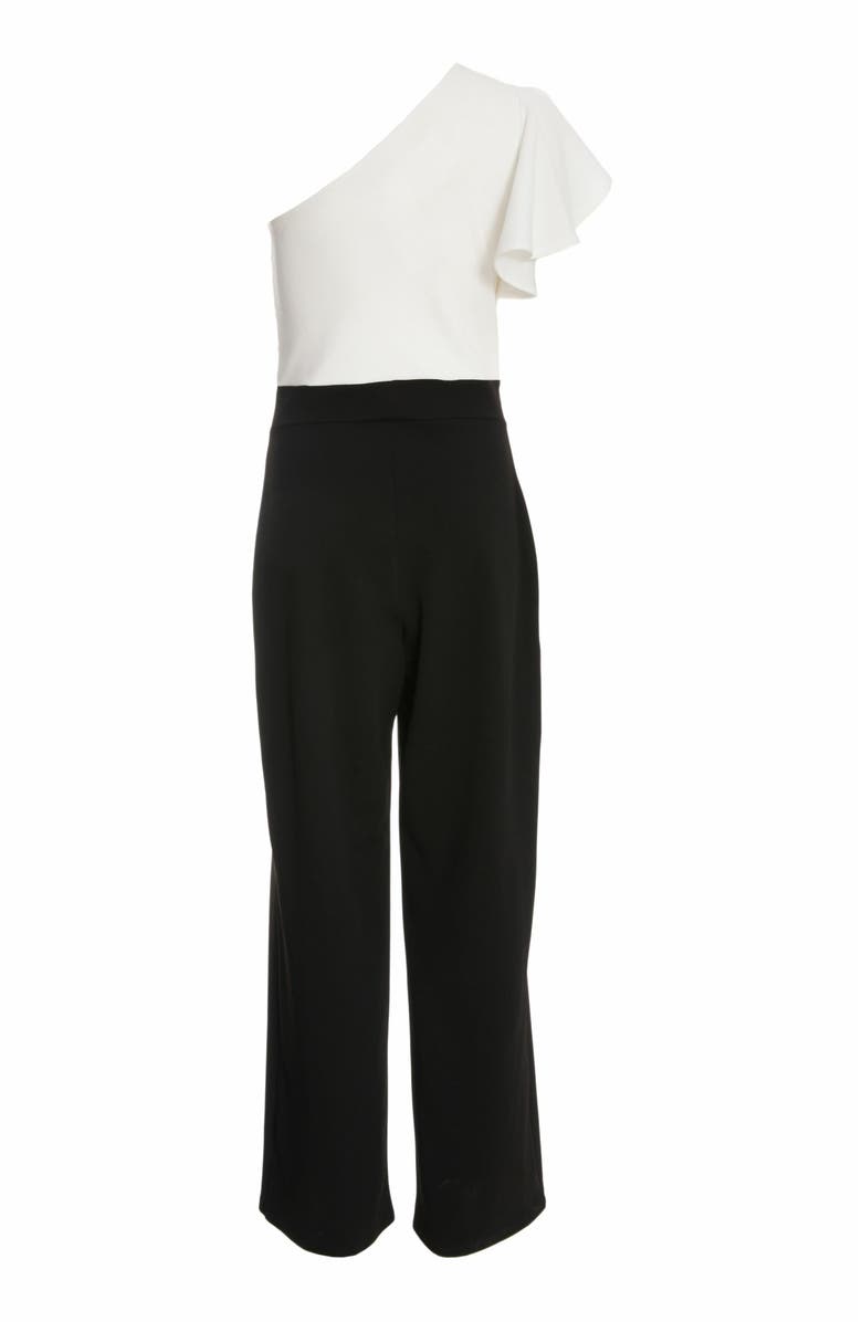 QUIZ Black & White Scuba Crepe One Shoulder Jumpsuit, Alternate, color, 