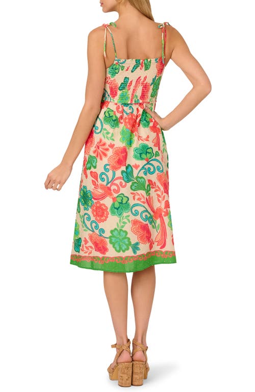 Adrianna Papell Print Smocked Tie Strap Dress In Ivory Multi