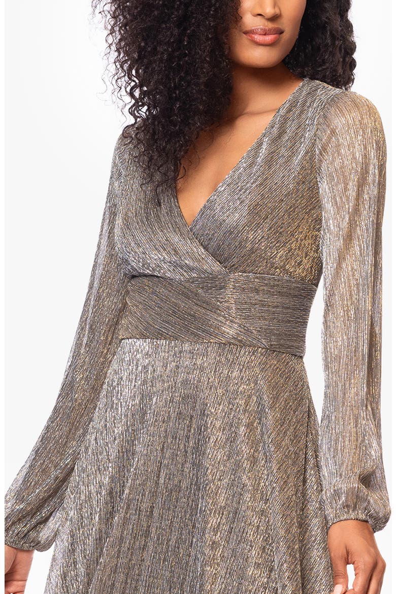 Long Sleeve Metallic Knit Gown, Alternate, color, MOCHA/ GOLD