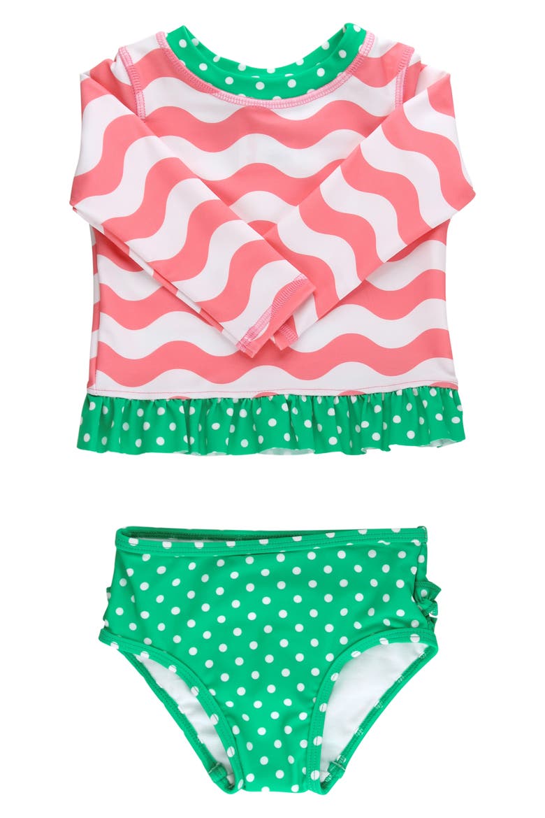 Kids' Bubblegum Wavy Stripe Long Sleeve Peplum UPF 50+ Two-Piece Rashguard Swimsuit, Main, color, PINK