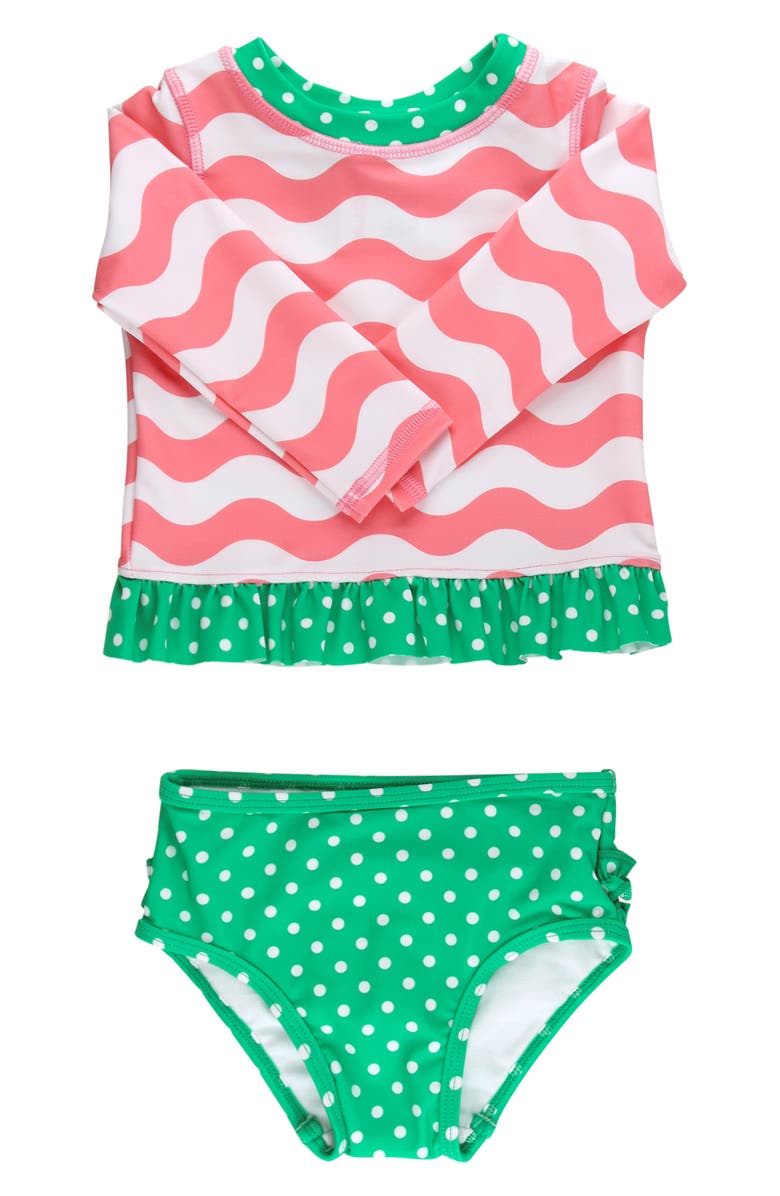 RuffleButts Kids' Bubblegum Wavy Stripe Long Sleeve Peplum UPF 50+ Two-Piece Rashguard Swimsuit, Main, color, Pink