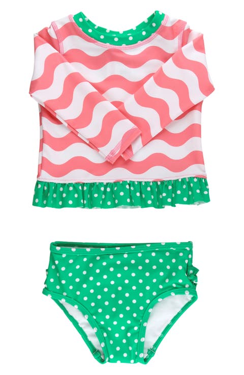 Kids' Bubblegum Wavy Stripe Long Sleeve Peplum UPF 50+ Two-Piece Rashguard Swimsuit (Baby & Toddler)