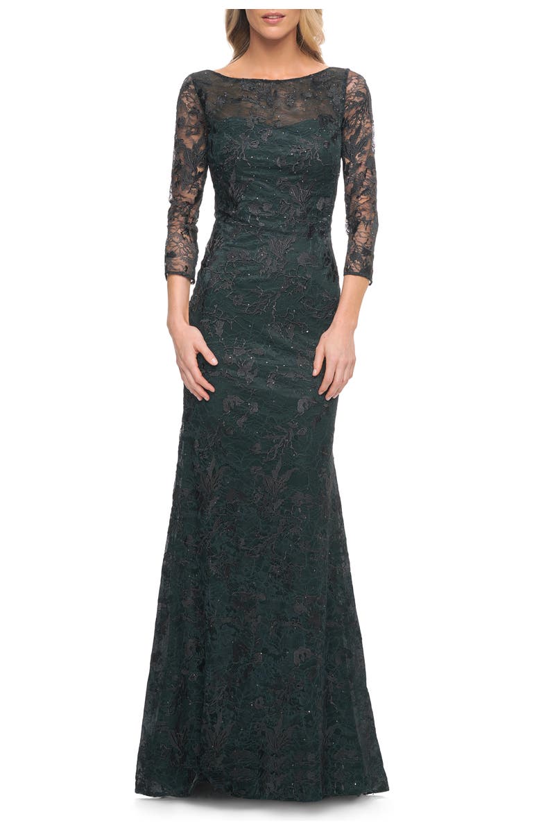 La Femme Long Fitted Lace Gown with High Neckline and Sleeves, Main, color, Dark Emerald