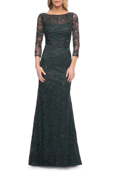 Long Fitted Lace Gown with High Neckline and Sleeves
