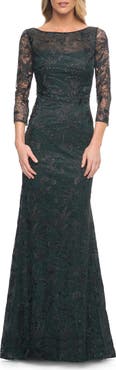 La Femme Long Fitted Lace Gown with High Neckline and Sleeves