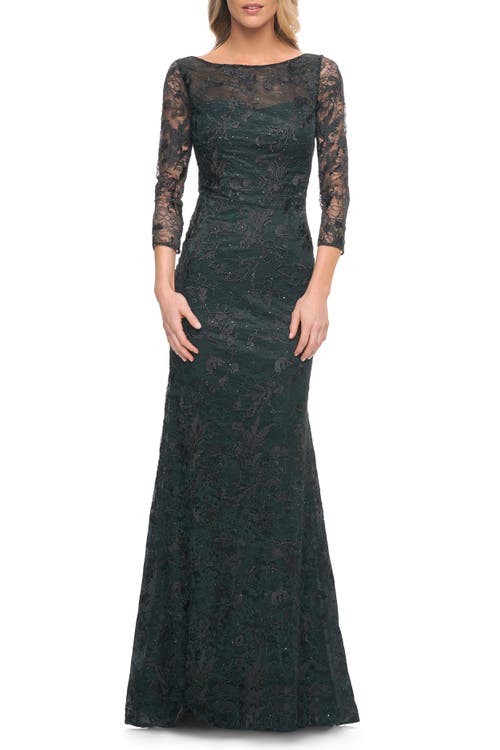 La Femme Long Fitted Lace Gown With High Neckline And Sleeves In Dark Emerald