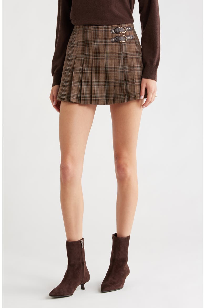 Chantel Plaid Pleated Miniskirt, Main, color, BROWN PLAID