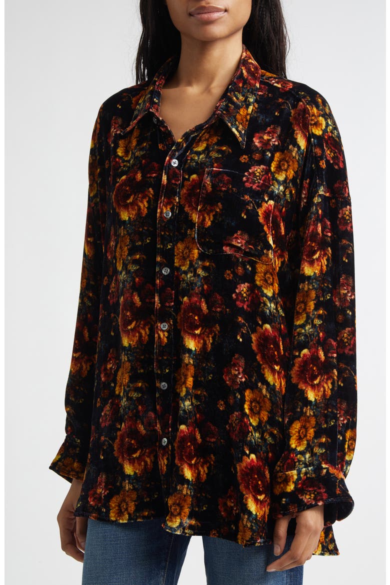 Oversize Floral Drop Neck Velvet Button-Up Shirt, Alternate, color, ORANGE MULTI FLORAL