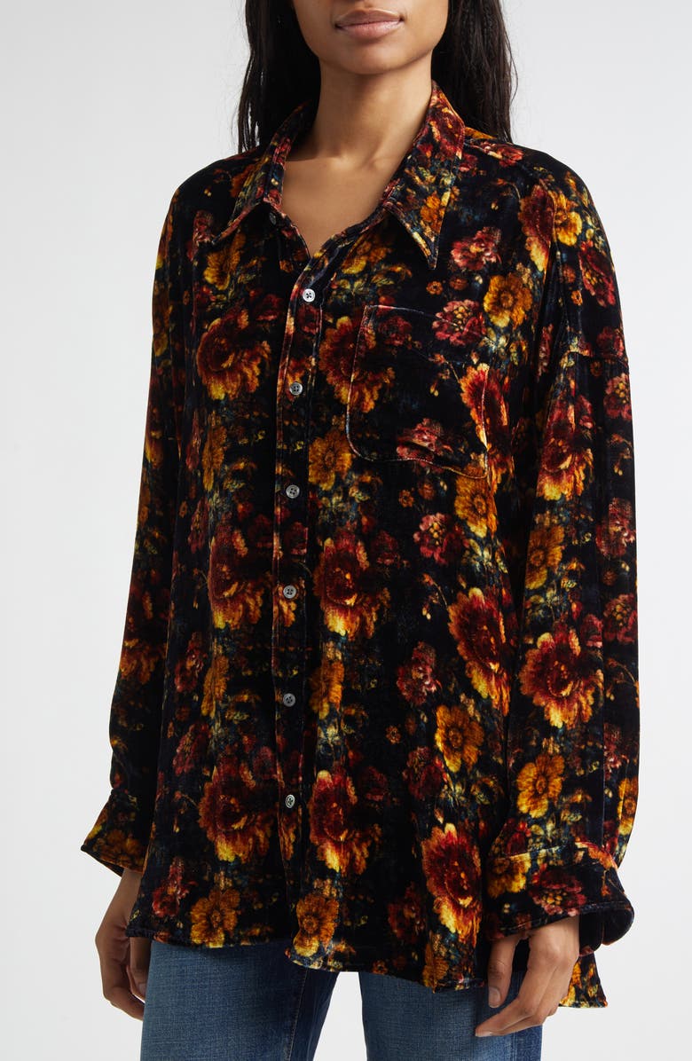 R13 Oversize Floral Drop Neck Velvet Button-Up Shirt, Alternate, color, Orange Multi Floral