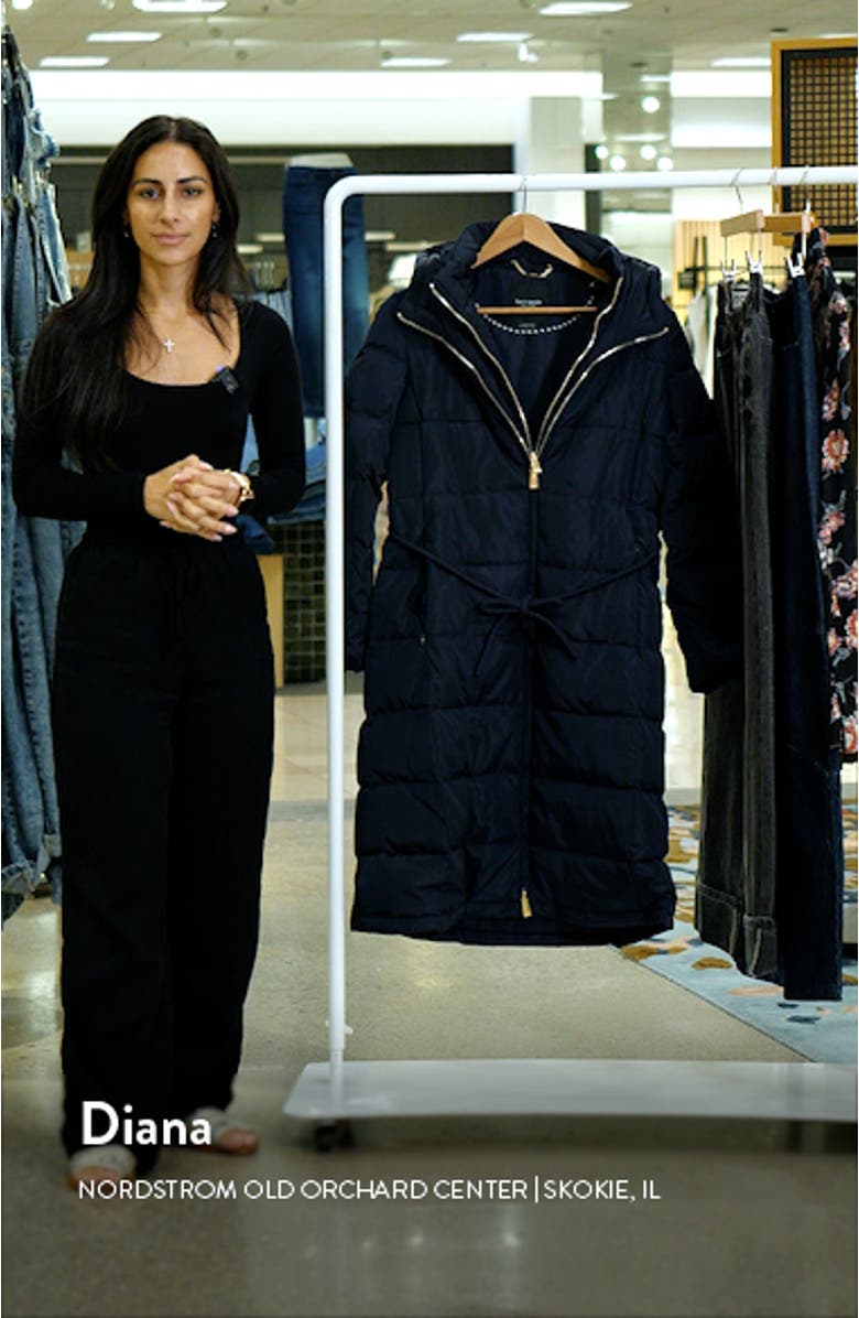 quilted down puffer coat with quilted zip bib, sales video thumbnail