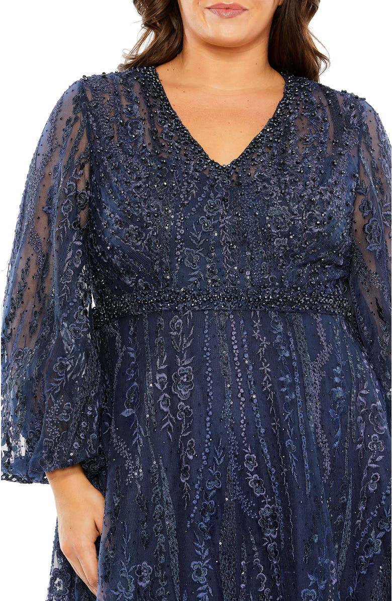 Mac Duggal V Neck Puff Sleeve Embroidered A Line Gown, Alternate, color, Midnight