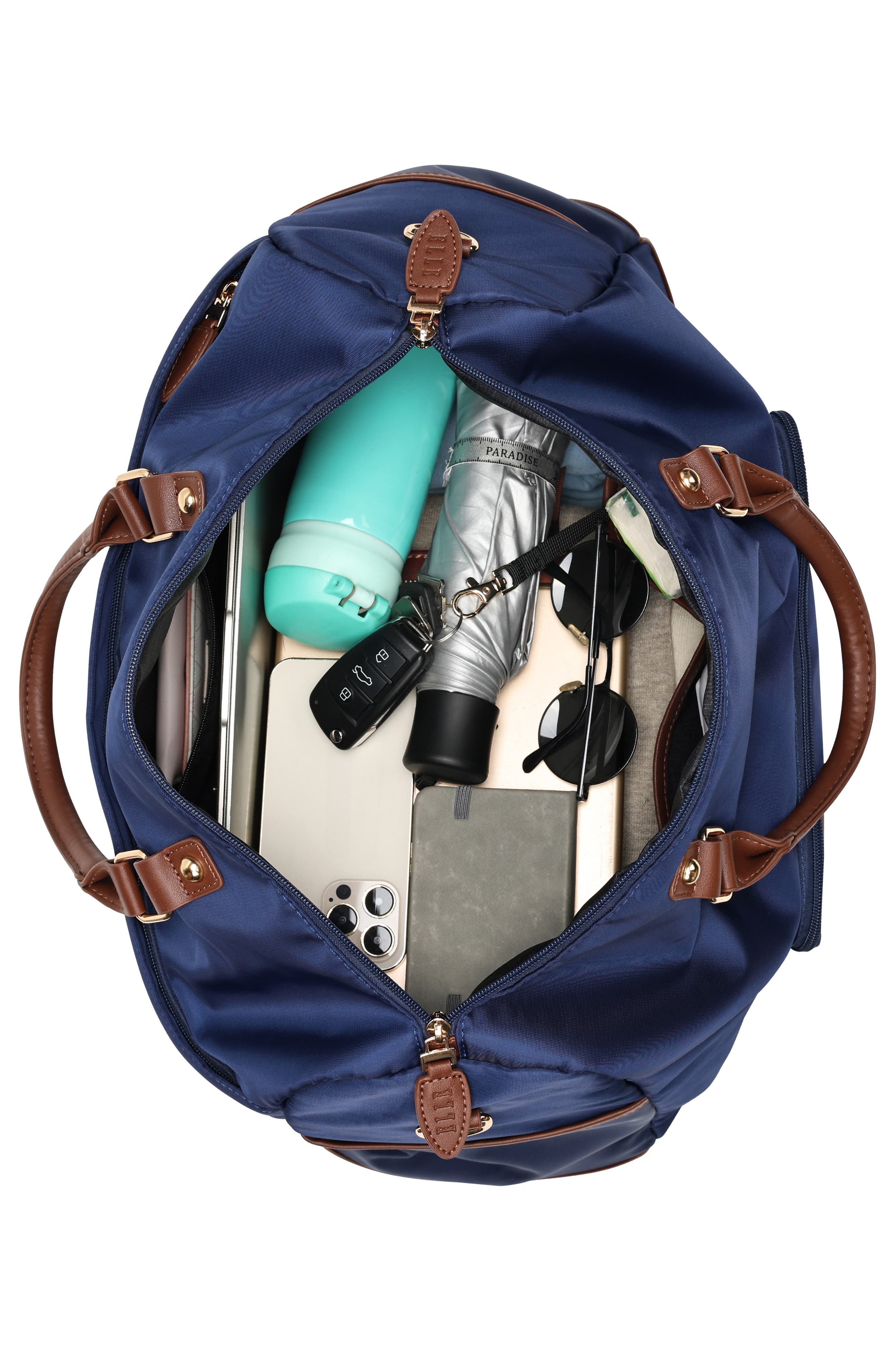 ELLE Luxe Journey 30L Twill and Vegan Leather Weekender Duffel Bag, Alternate, color, Navy