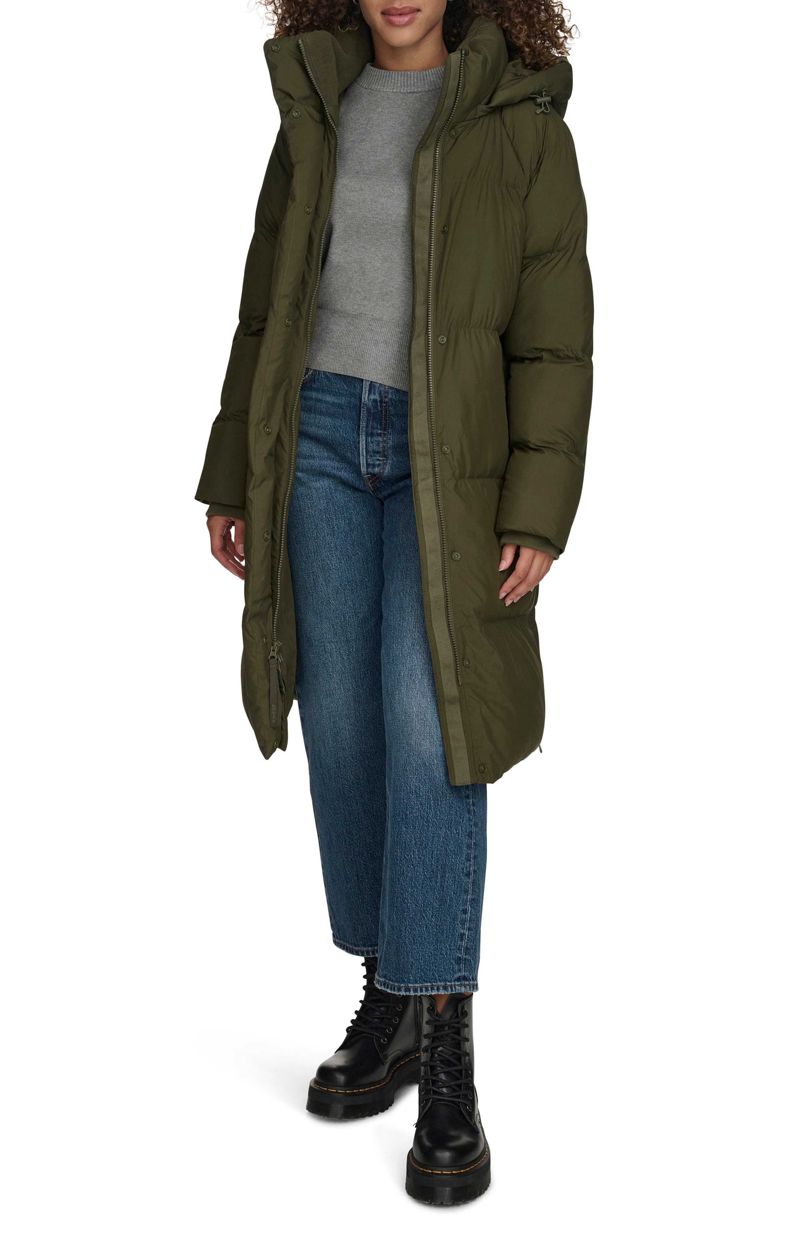 levi's Water Resistant Mid Length Hooded Puffer Jacket in Olive 