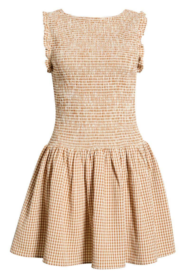 Esme Gingham Smocked Bodice Drop Waist Minidress, Alternate, color, TAN