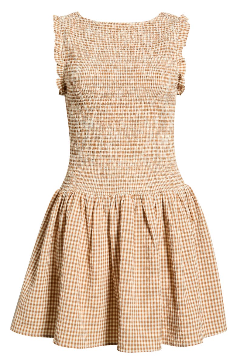 WAYF Esme Gingham Smocked Bodice Drop Waist Minidress, Alternate, color, Tan