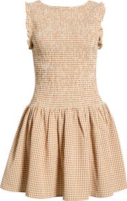 WAYF Esme Gingham Smocked Bodice Drop Waist Minidress