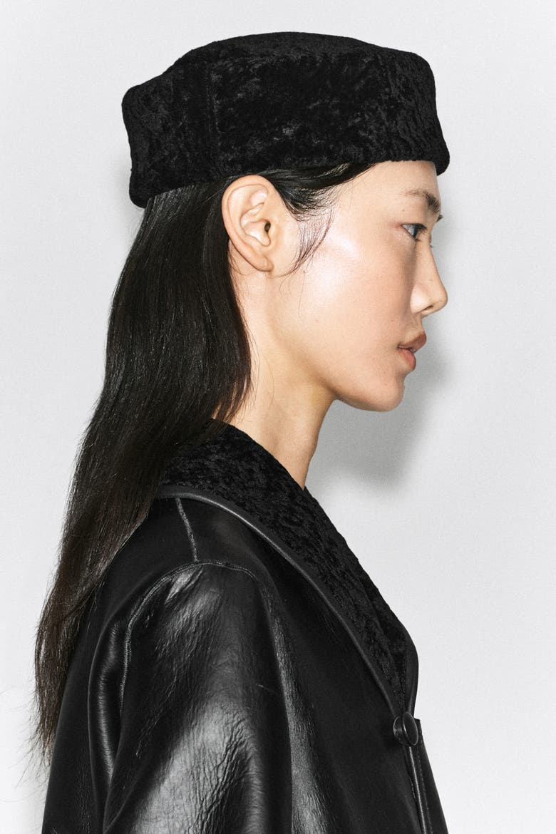 Shearling Pillbox Hat, Alternate, color, BLACK