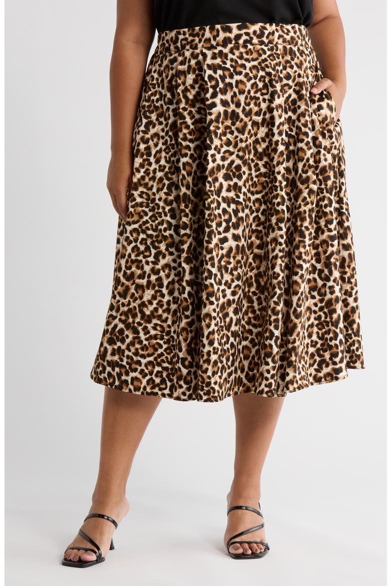 Leopard Print Flared Midi Skirt, Main, color, CHOCOLATE