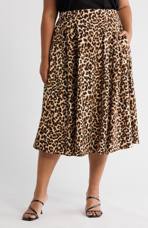 Leopard Print Flared Midi Skirt (Plus)
