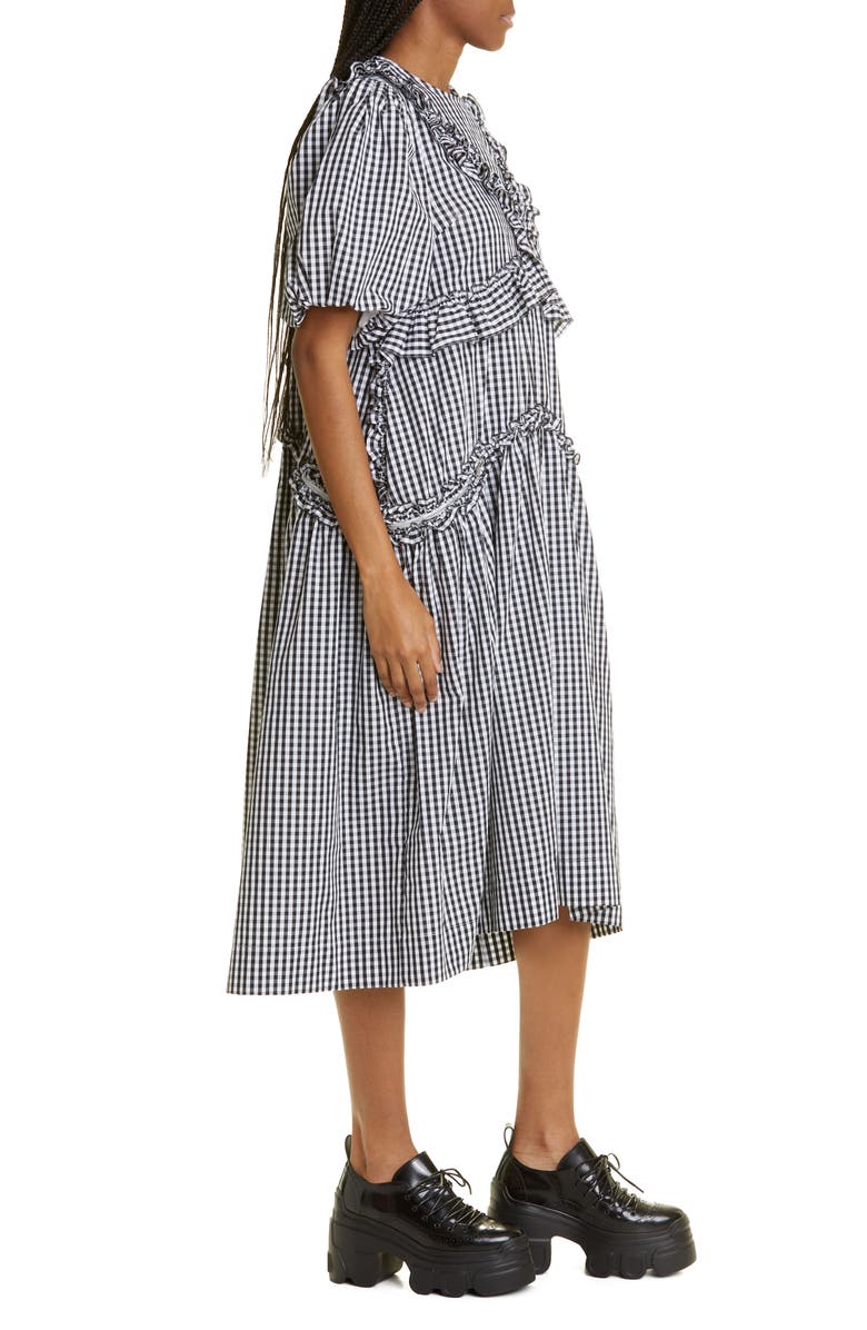 Simone Rocha Puff Sleeve Ruffle Trim Gingham Check Midi Dress, Alternate, color, 