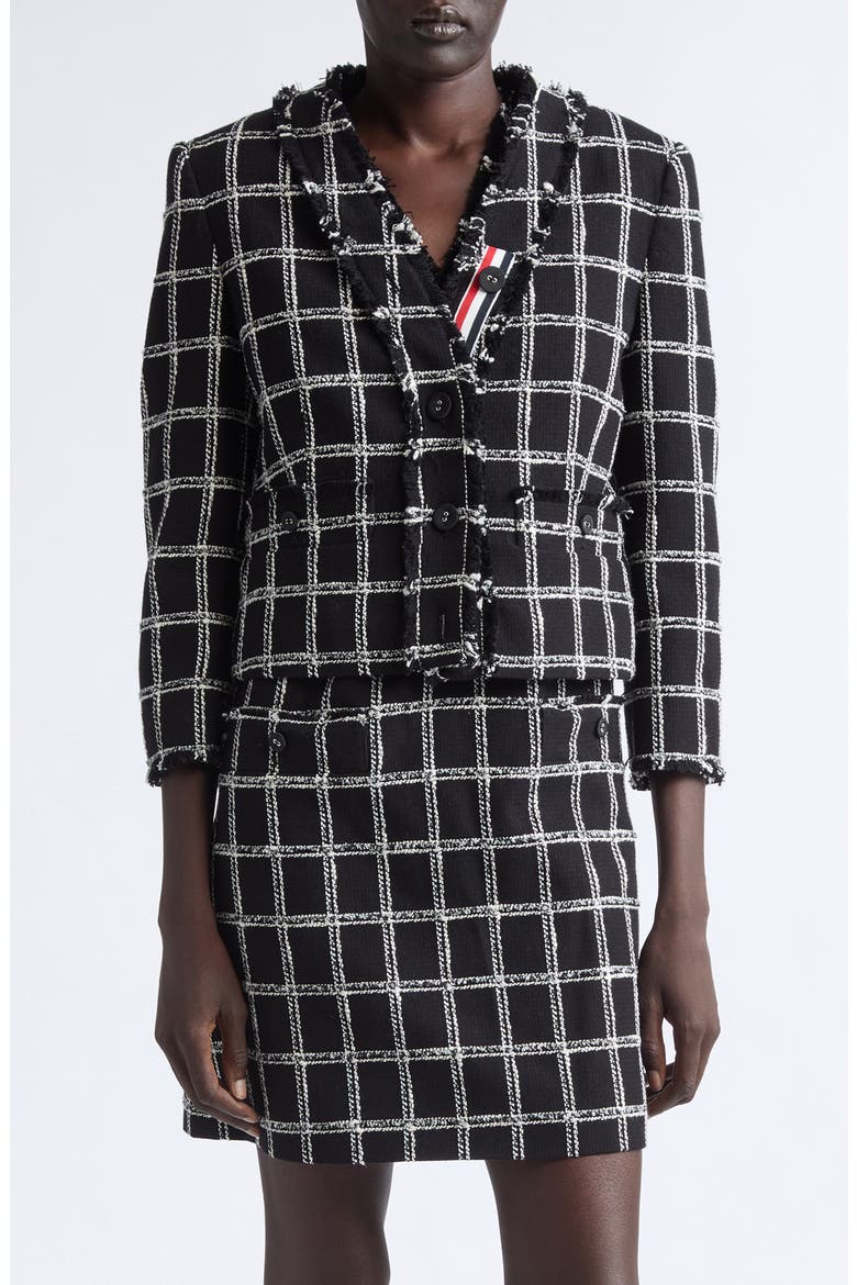 Windowpane Check V-Neck Cardigan Jacket, Main, color, BLACK