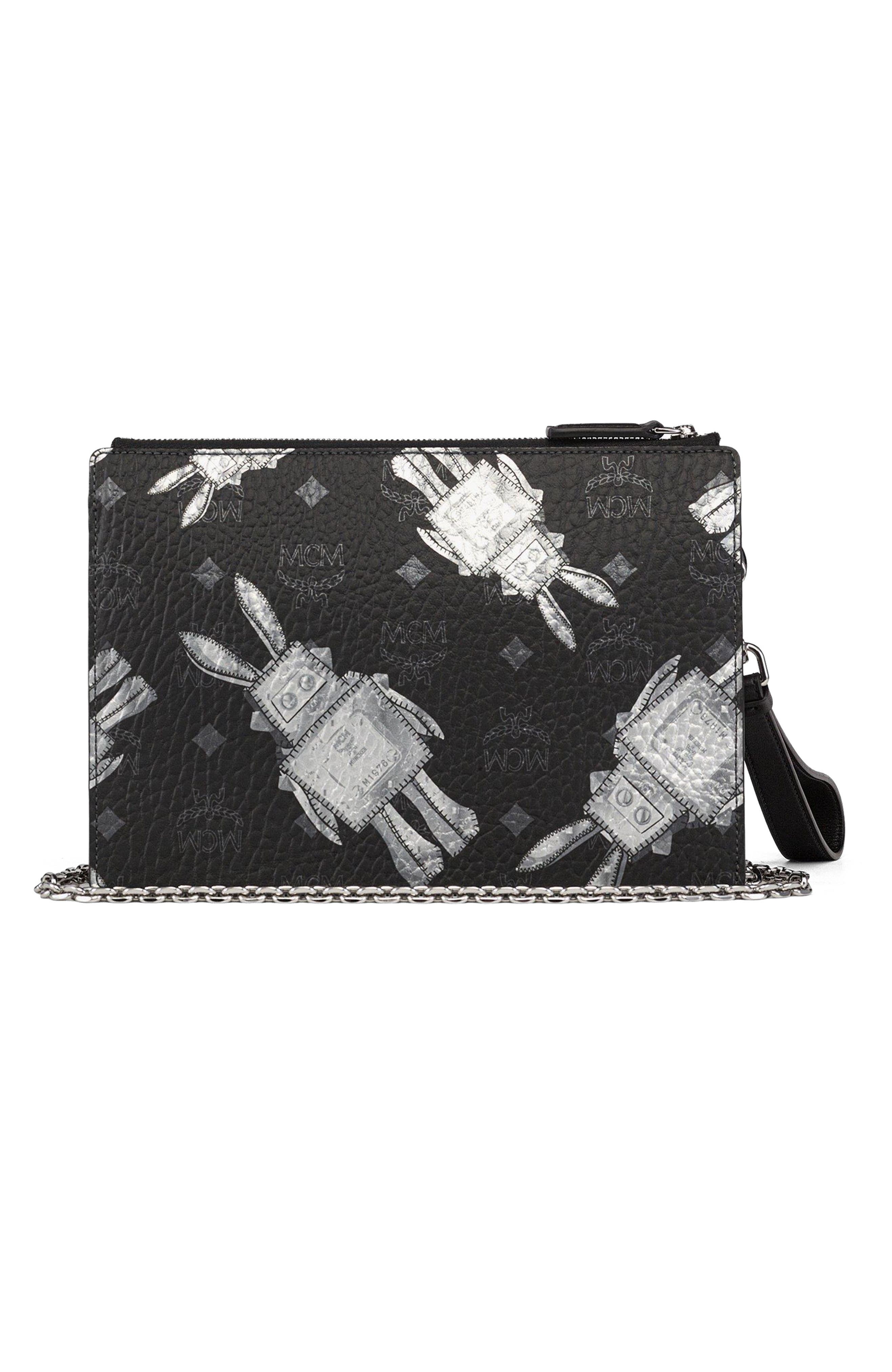 MCM Wristlet Standing Pouch w/ Chain Strap in Rabot Visetos, Alternate, color, Black
