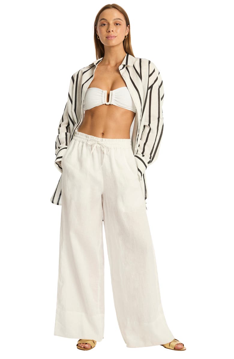 Sea Level Corfu Stripe Cover-Up Shirt, Alternate, color, Black