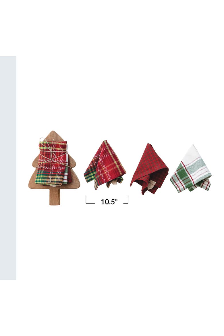 3-Piece Woven Dish Cloths and Mango Wood Tree-Shaped Cheese/Cutting Board, Alternate, color, Multicolor