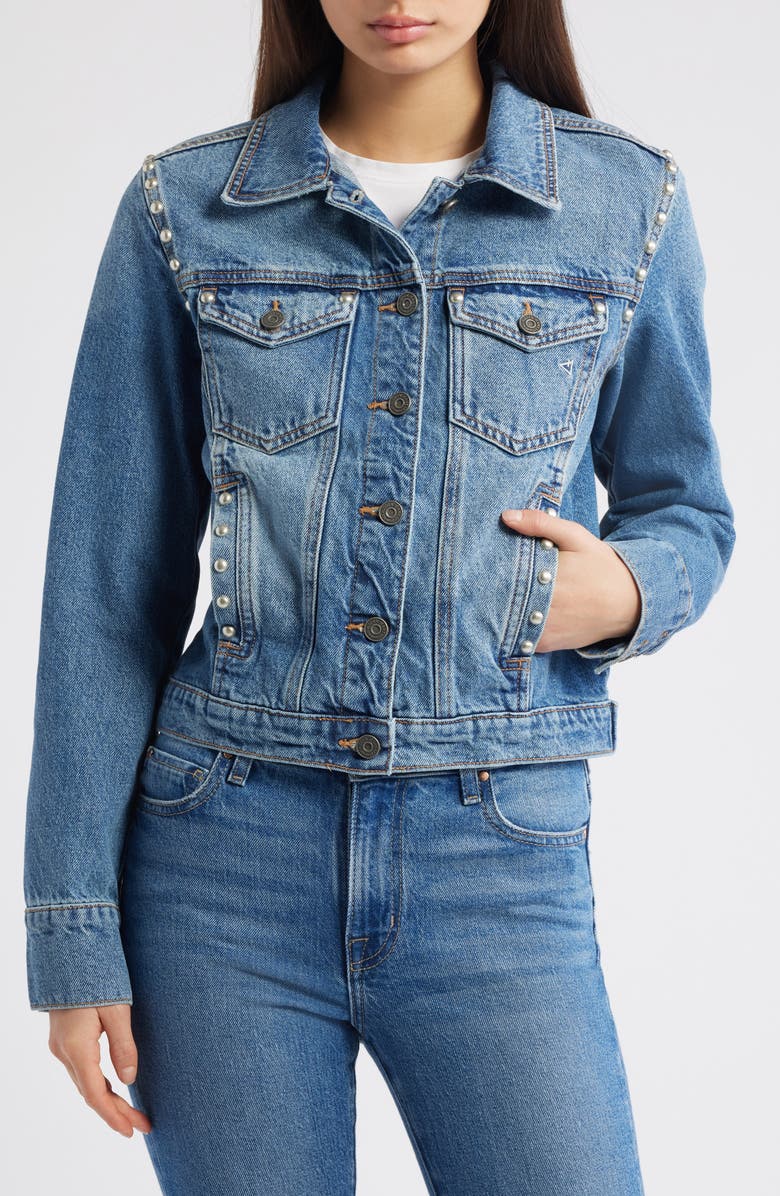 HIDDEN JEANS Faux Pearl Detail Denim Trucker Jacket, Alternate, color, Medium