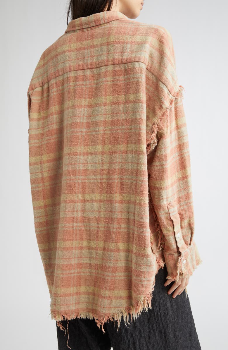 R13 Shredded Seam Drop Neck Plaid Flannel Button-Up Shirt, Alternate, color, Washed-Out Red/ Khaki Plaid