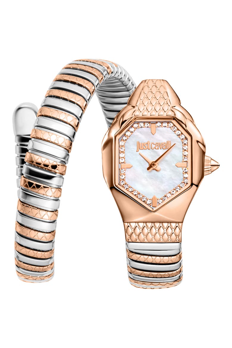 Snake Wraparound Bracelet Watch, 22mm x 34.5mm, Main, color, TWO TONE SILVER / ROSE GOLD COLOR
