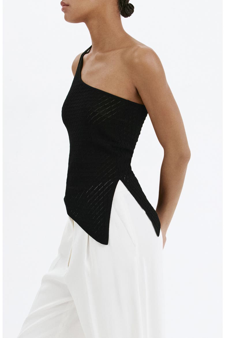 Asymmetrical Open Knit One-Shoulder Top, Alternate, color, BLACK
