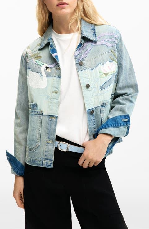 Swan Appliqué Denim Trucker Jacket