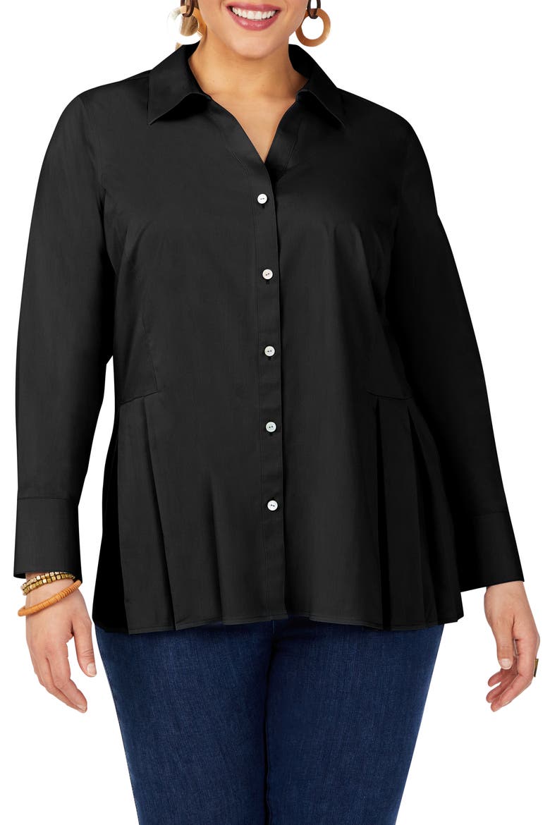 Pippa Non-Iron Pleated Peplum Button-Up Tunic Shirt, Main, color, BLACK