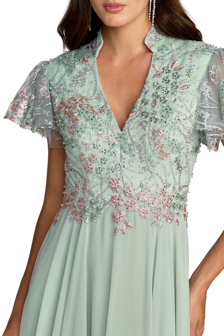 Women's Embroidered Top Chiffon Skirt Ruffle Sleeve Gown, Alternate, color, Sage