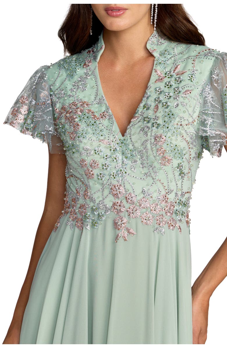 Mac Duggal Embroidered Top Chiffon Skirt Ruffle Sleeve Gown, Alternate, color, Sage