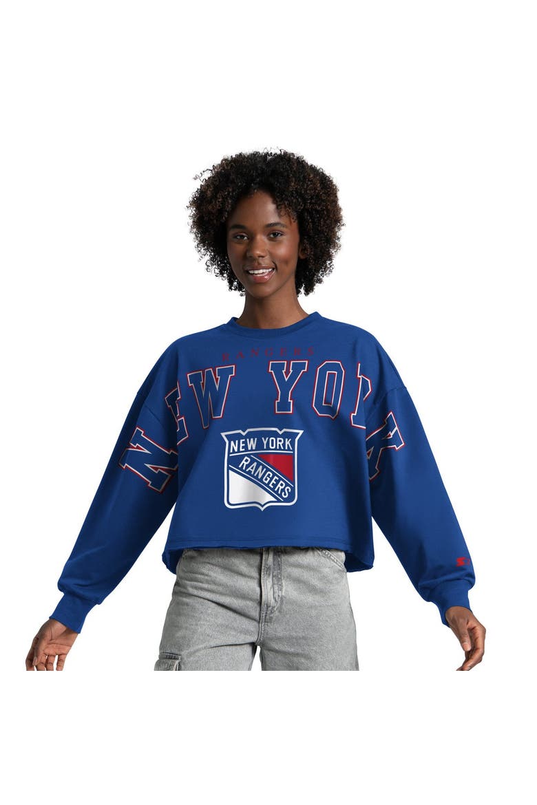 Women's Starter  Royal New York Rangers Bleachers Cropped Drop Shoulder Sweatshirt, Main, color, Royal