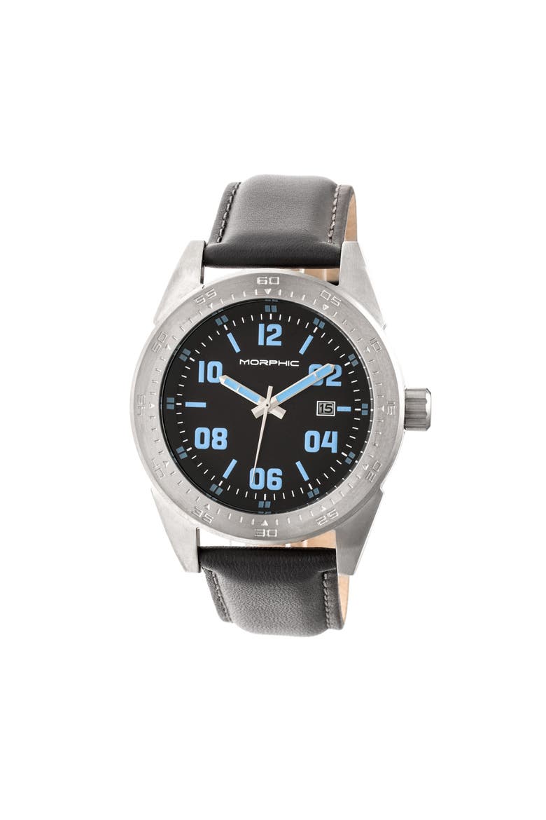 M63 Series Leather-Band Watch w/Date, Main, color, Silver/Black